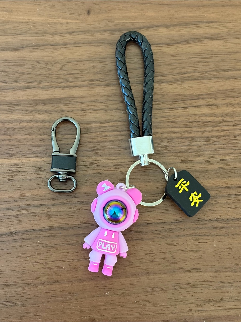 Pink Astronaut Robot Keychain Bag Charm with Braided Wrist Strap